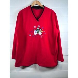 Ladies Club Woman Red Fleece Christmas‎ Snowman Embroidered V Neck Sweater 1X